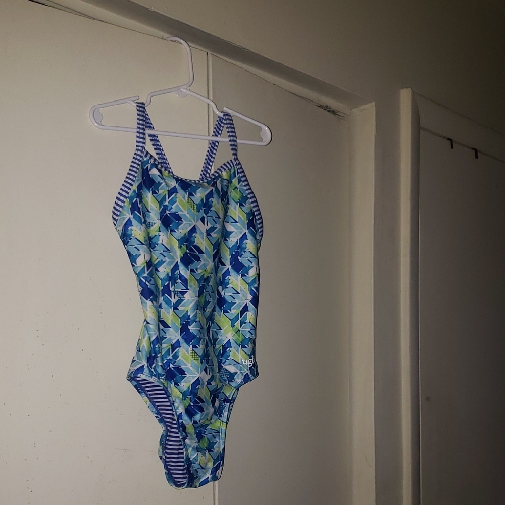 Dolfin Blue Green Geometric Kids One-Piece Swimsuit -NWOT